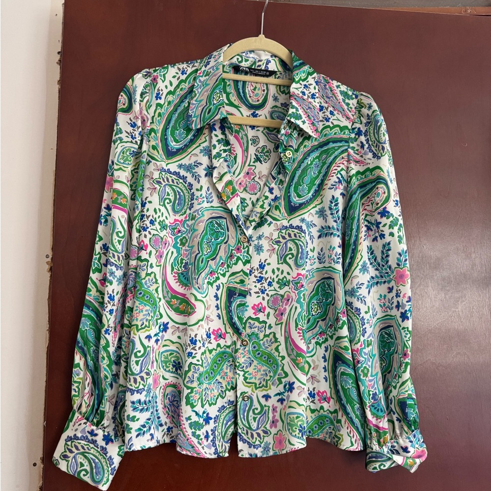 Zara Green and Pink Paisley Button-Down Blouse Size L
